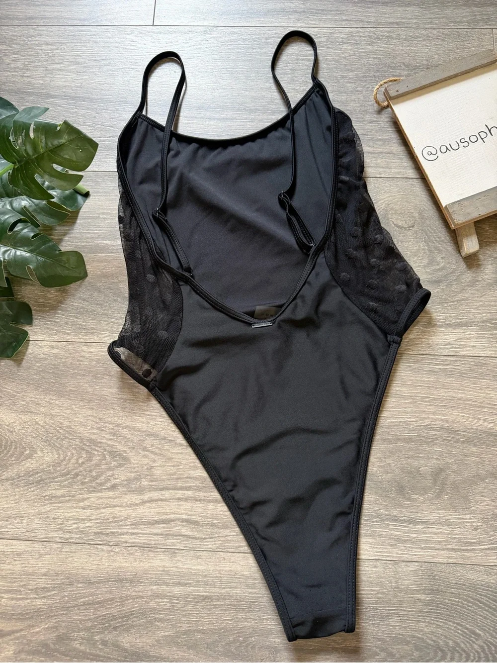 White Fox Swim Low Back Cheeky Black One Piece w Mesh Polka Dot Sides. Size S